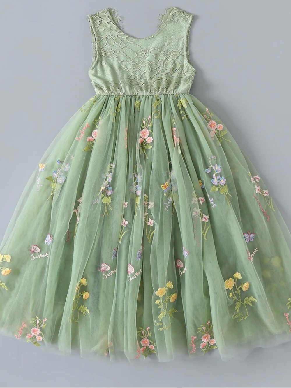 Nicolette’s Couture Blossom Dress Sage Green Floral Embroidered Tulle - girls 4